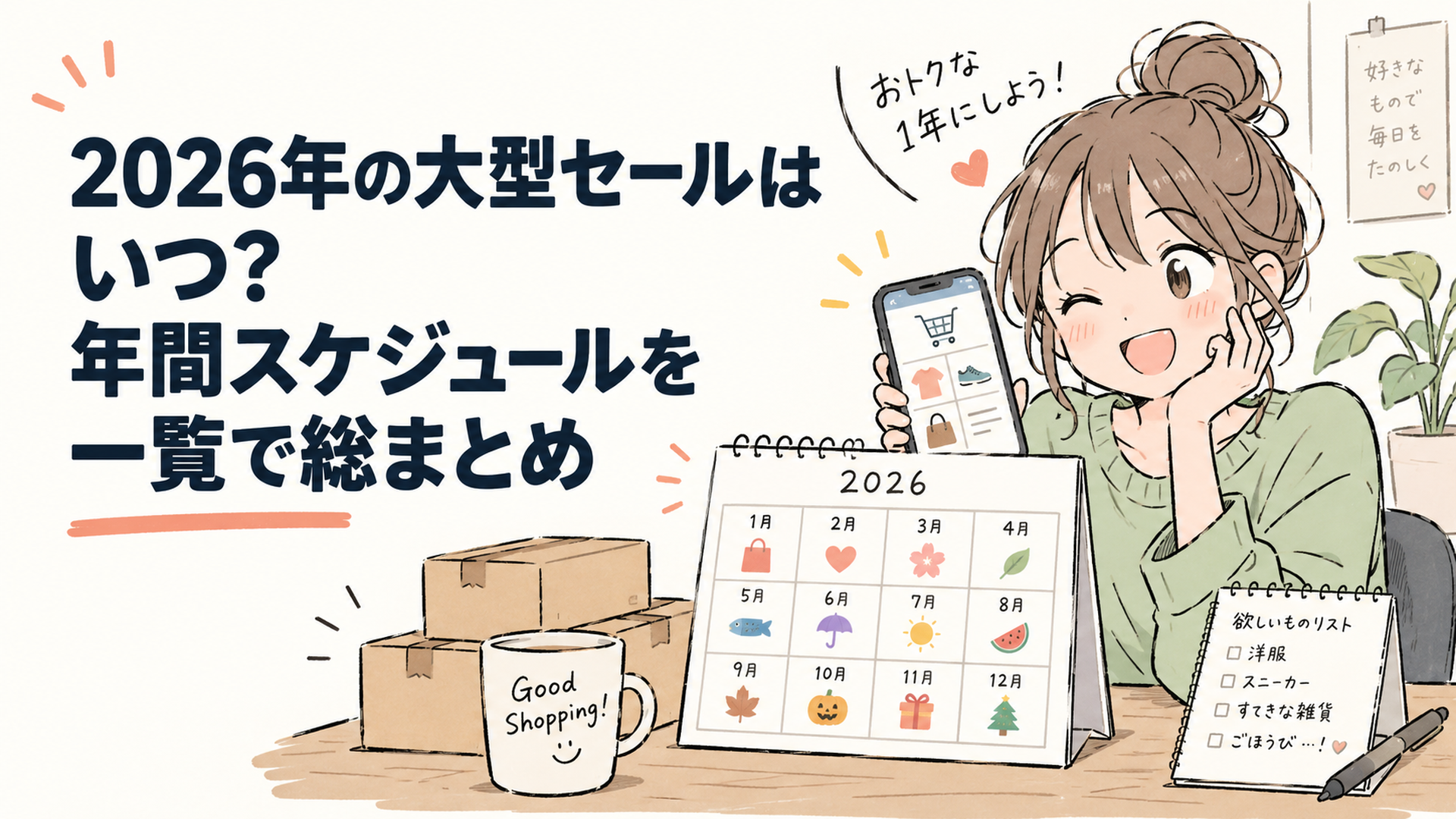 カレンダーとスマートフォンのショッピングアプリ、段ボール箱が並ぶ明るい机