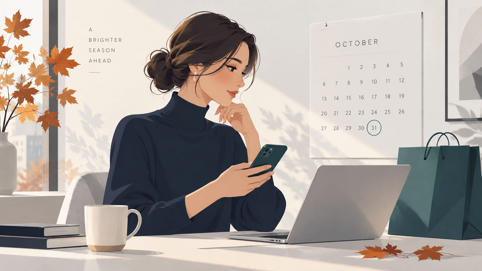 紅葉の季節に10月のカレンダーを眺めながらスマホで買い物を検討する女性