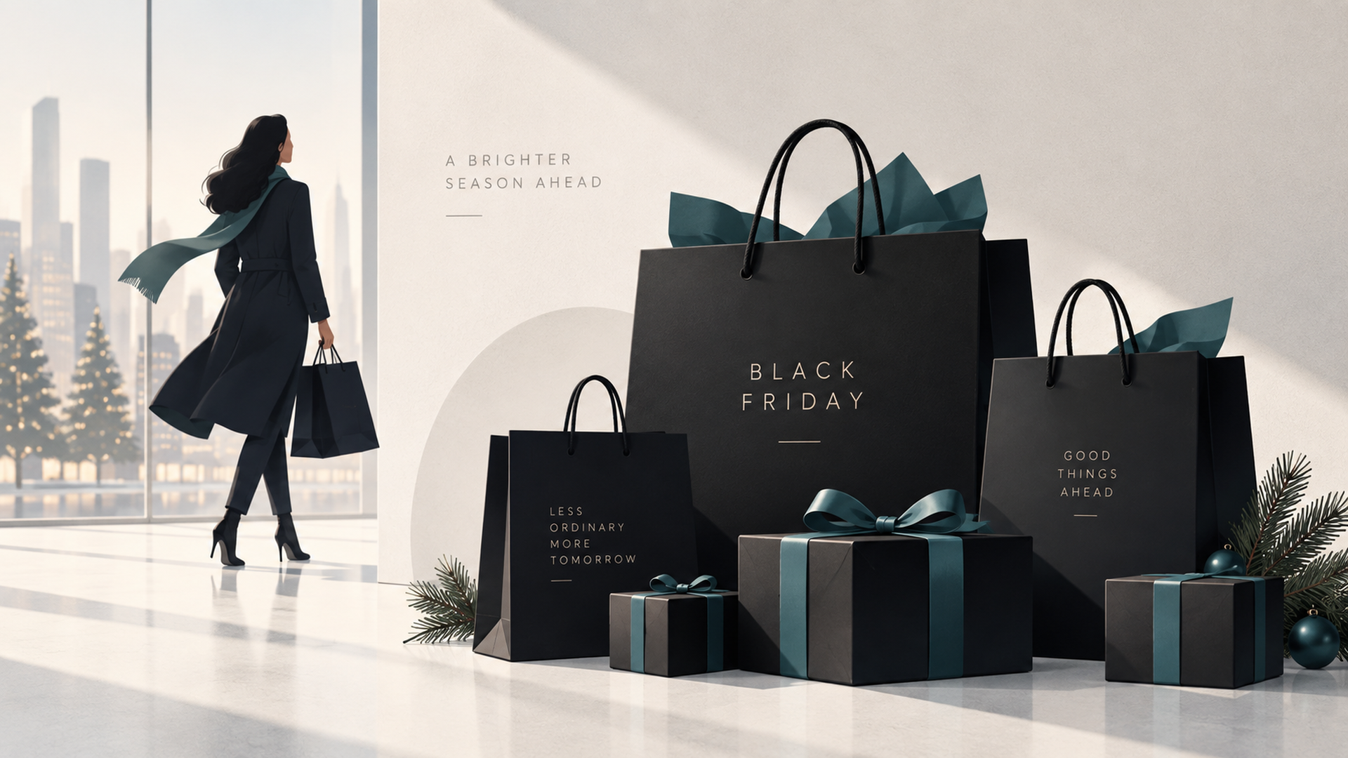 黒い買い物袋とギフトボックスが並ぶ、11月下旬のブラックフライデーと年末ギフトの場面