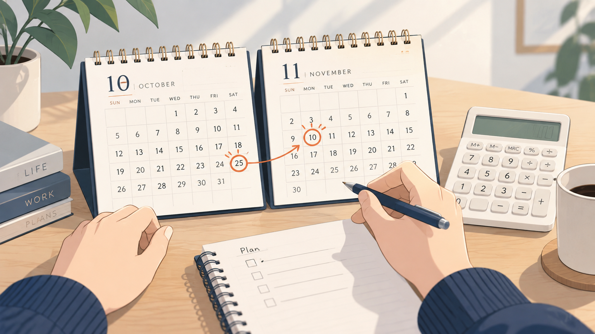 10月と11月のカレンダーに印をつけ、2つのセールの間隔を数える手元